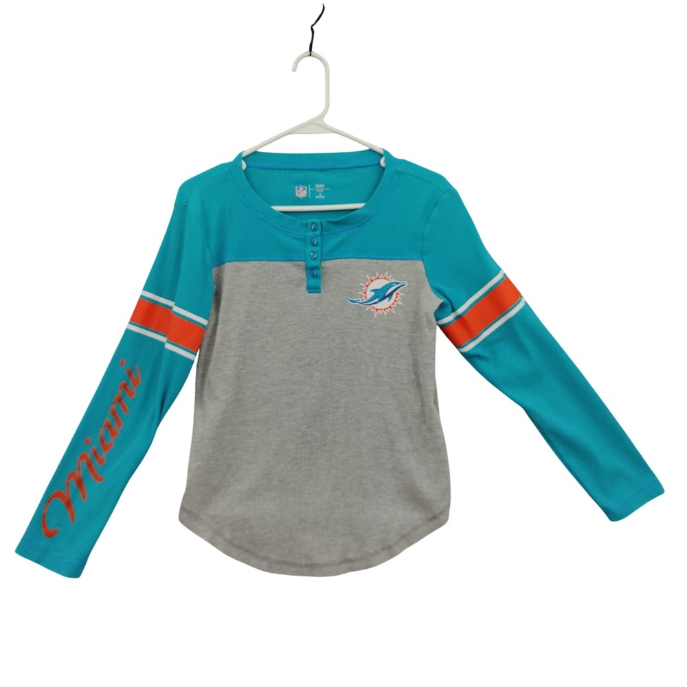 Miami Dolphins Football NFL Womens Waffle Knit Gameday Henley Top S Long Sleeve